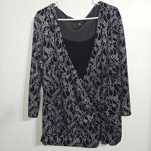 B#70 Notations Black‎ Floral Velvet Burnout 3X Faux Wrap Top Rhinestone Buckle